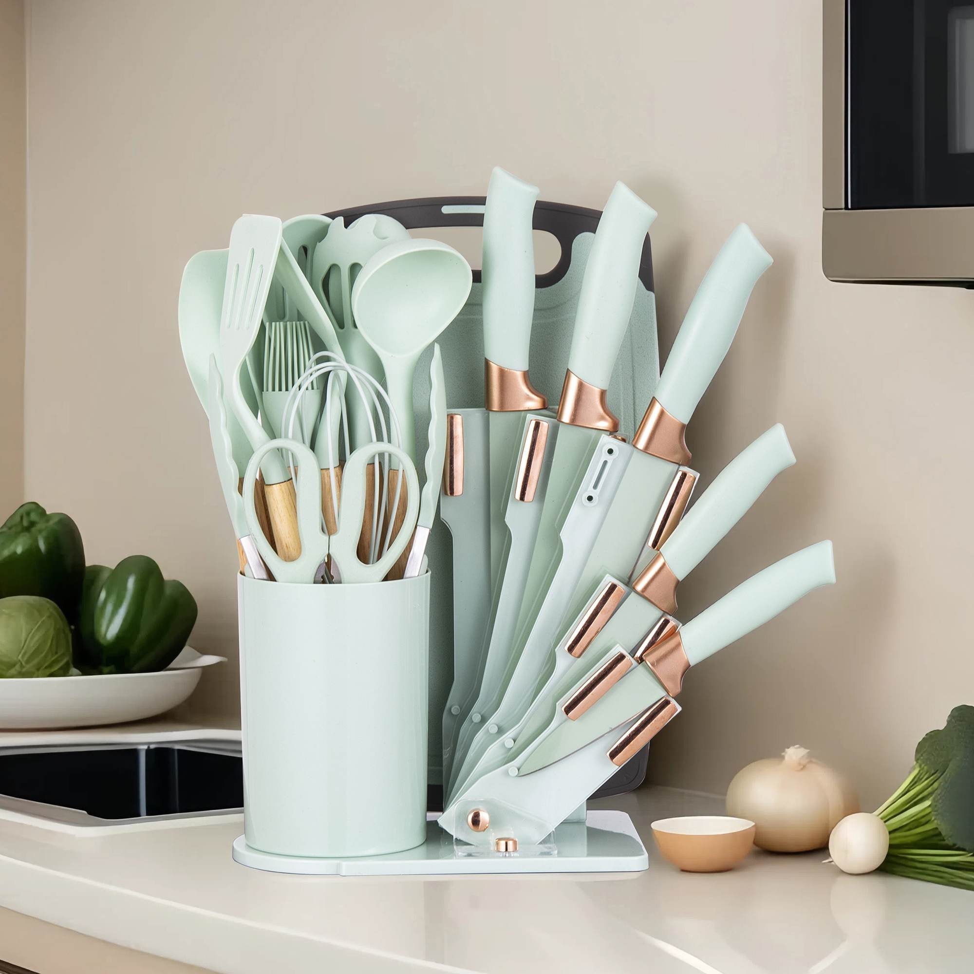 19-Piece Silicone Kitchen Utensil &amp; Knife Set - Heat-Resistant Cooking Tools Non-Stick Safe Gift for Mom or Women Black