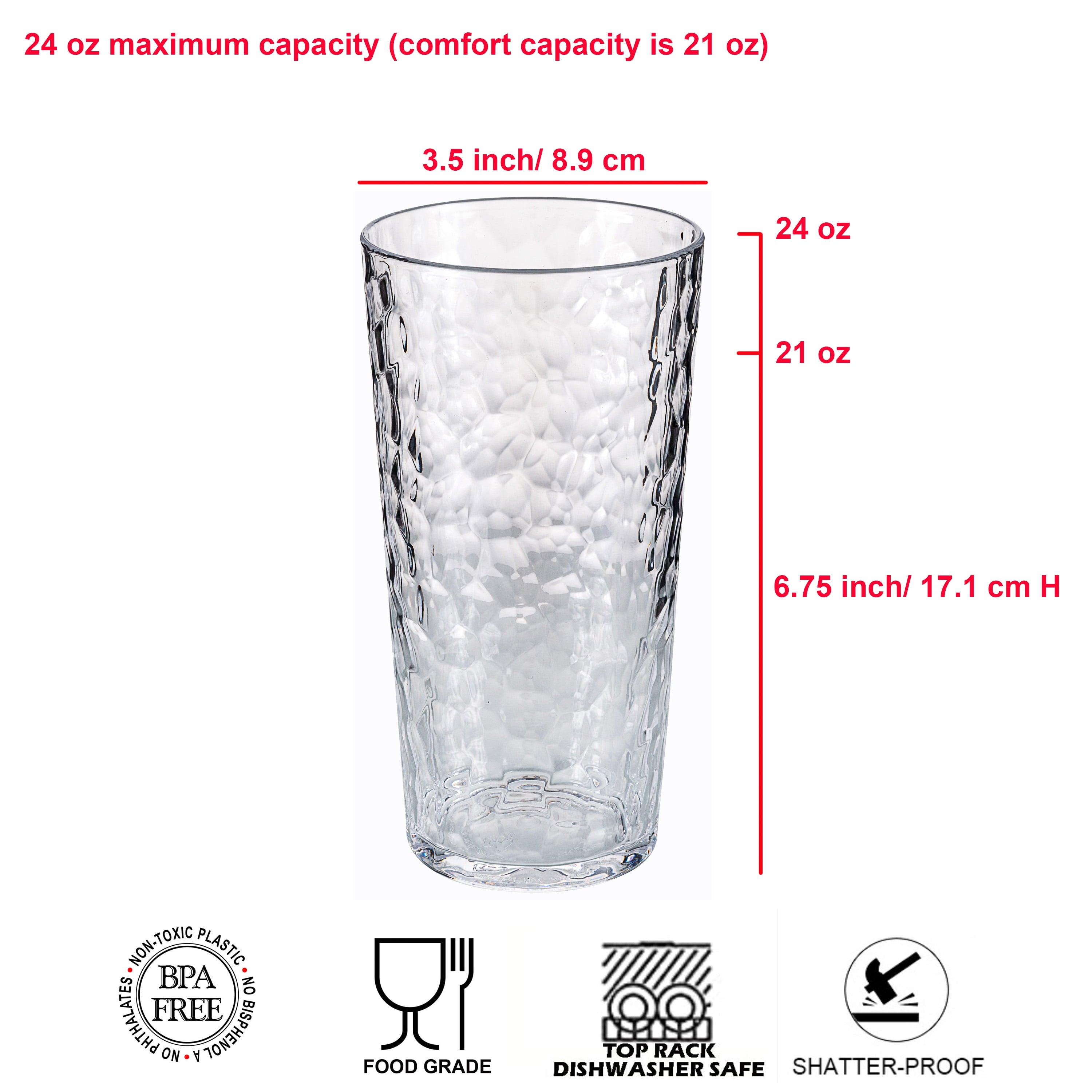 Hammered 24 ounce Plastic Drinking Tumbler Acrylic Glasses, Set of 8 Multicolor