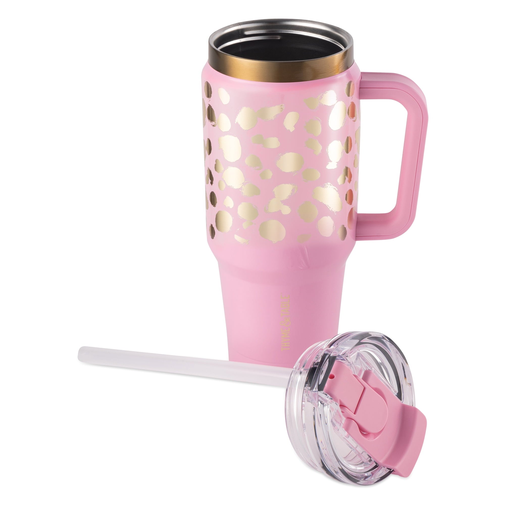 Thyme &amp; Table 32 fl oz Stainless Steel Luna Tumbler with Handle and Dual Straw Lid, Cream &amp; Black Check