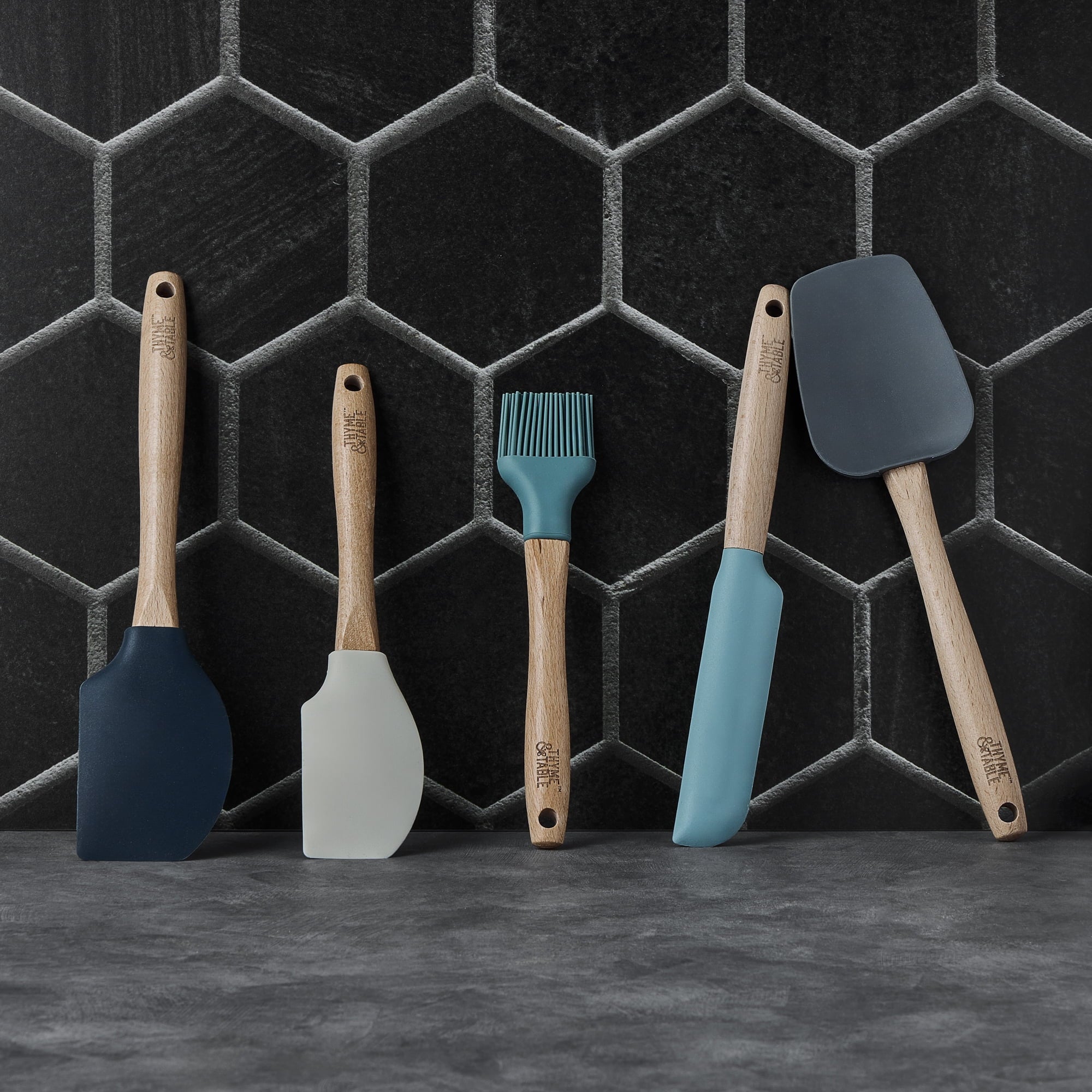 Thyme &amp; Table 5-Piece Silicone Kitchen Utensil Set with Beechwood Handles