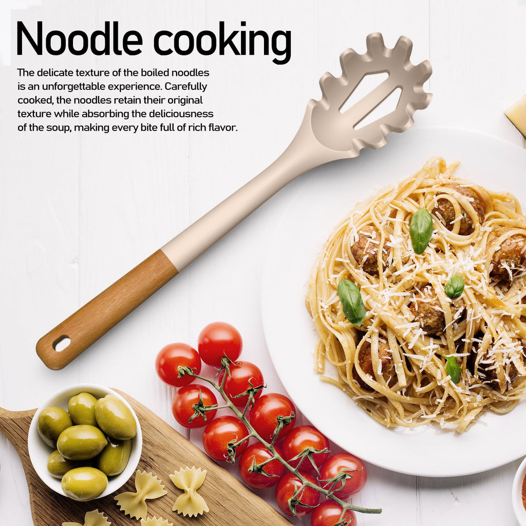 Large Silicone Cooking Utensils - Kitchen Utensil Set with Wooden Handles, Spatula,Turner, Slotted Spoon, Pasta server, Kitchen Gadgets Tools Sets for Non-Stick Cookware (Khaki)
