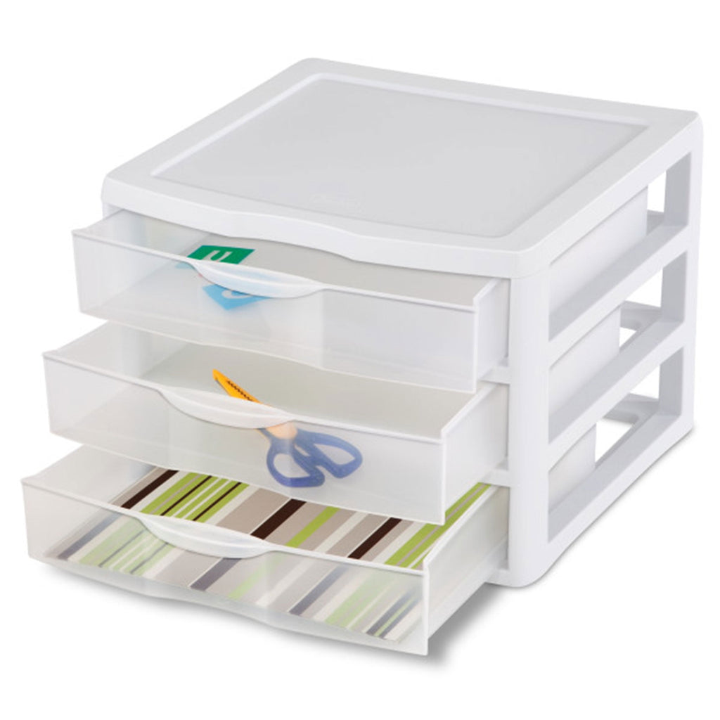 Wide 3 Drawer Unit, Clear Plastic Countertop or Desktop Drawers, White