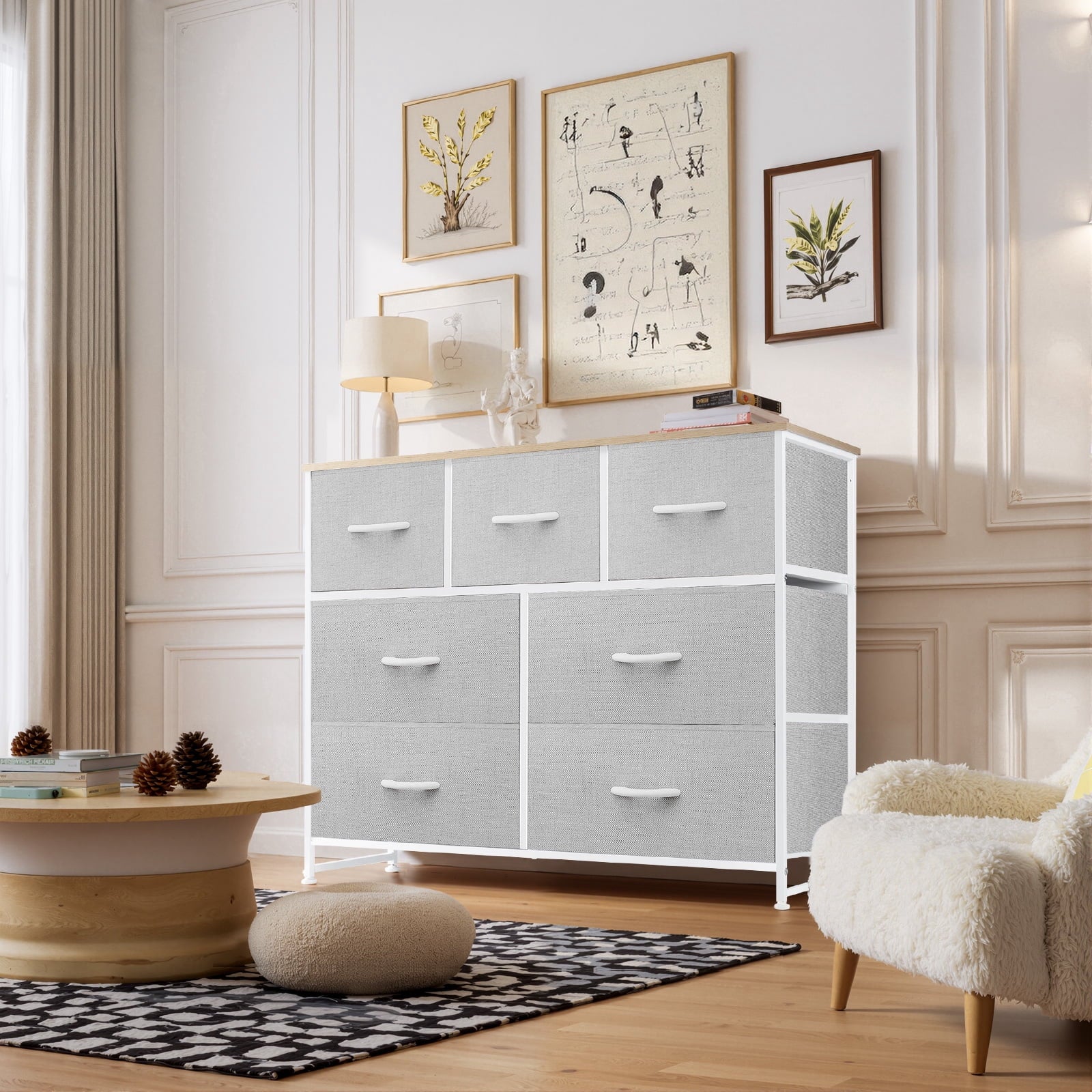 Dresser, Storage Organizer with 7 Drawers for Bedroom, Chest of Drawers with Fabric Bins, Sturdy Metal Frame, Wood Tabletop for Guest Room, Closet, Entryway, Nursery, Black