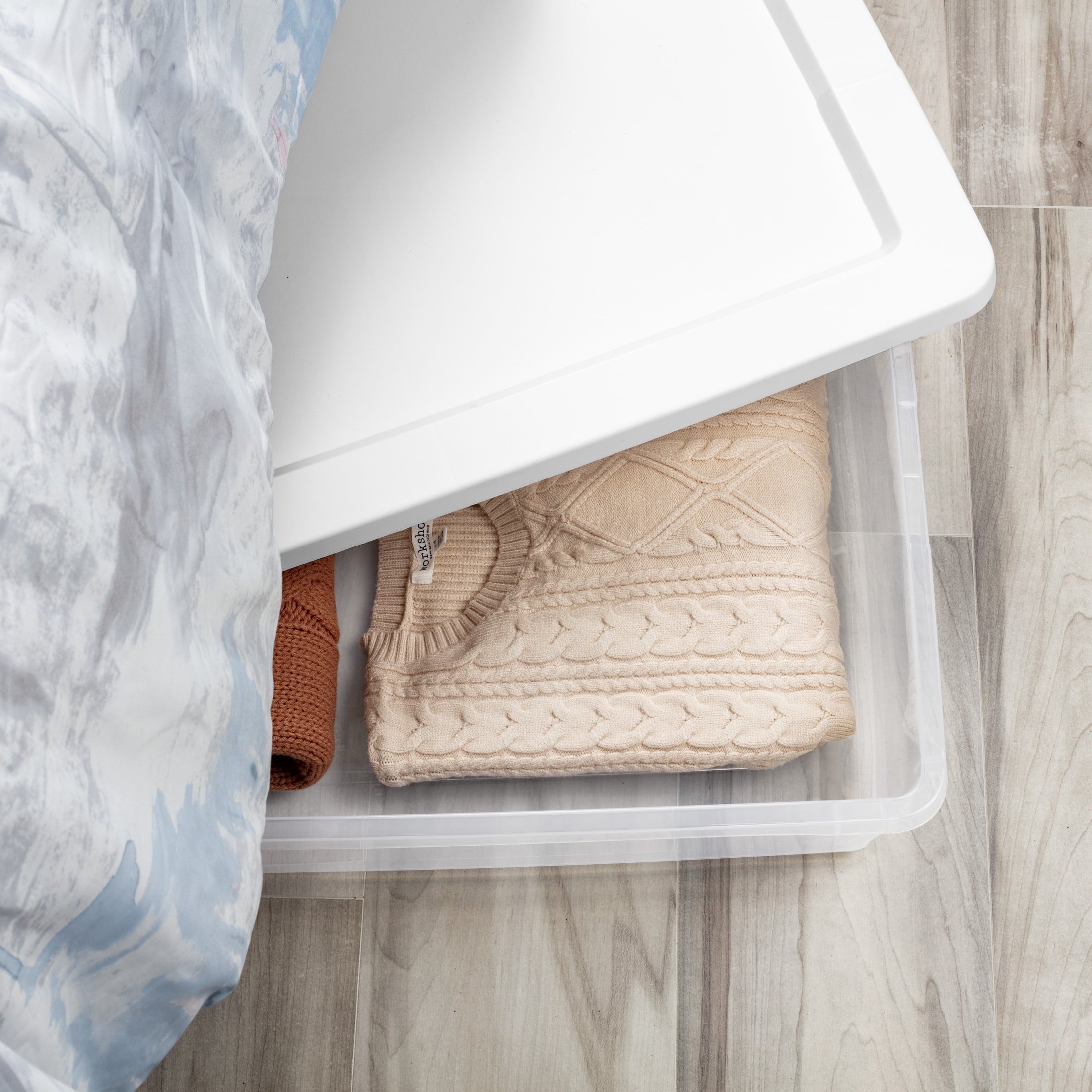 41 Quart Medium Storage Bin, Clear Plastic Underbed Storage Container with Snap-On Lid, White