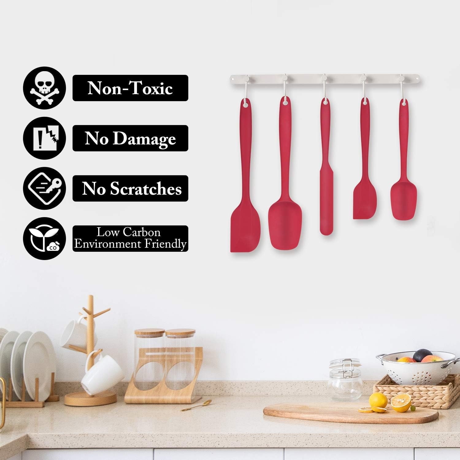 Food Grade Silicone Rubber Spatula Set, 5 Pcs Kitchen Cooking Baking Mixing Utensil Sets, High Non Stick Dishwasher- Khaki