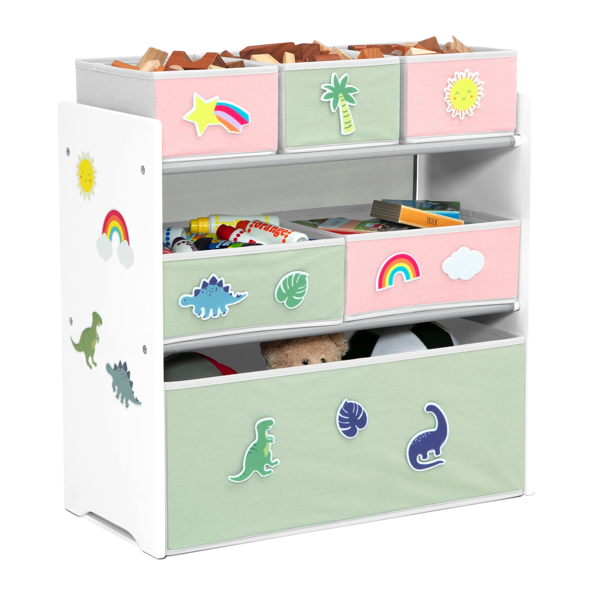 Design &amp; Store 6 Bin Toy Storage Organizer with Interchangeable Patches, Green/Pink