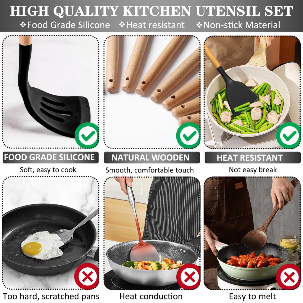 43Pcs Silicone Cooking Utensils Set - 446°F Non-Stick Kitchen Utensils, Kitchen Utensil Gadgets Tools Set for Baking, Cooking, and Mixing, (BPA Free)(Black)