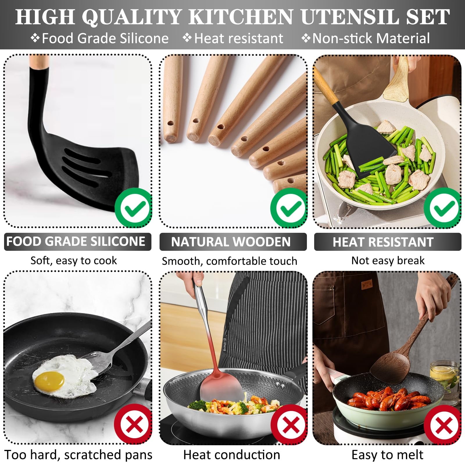 43Pcs Silicone Cooking Utensils Set - 446°F Non-Stick Kitchen Utensils, Kitchen Utensil Gadgets Tools Set for Baking, Cooking, and Mixing, (BPA Free)(Black)