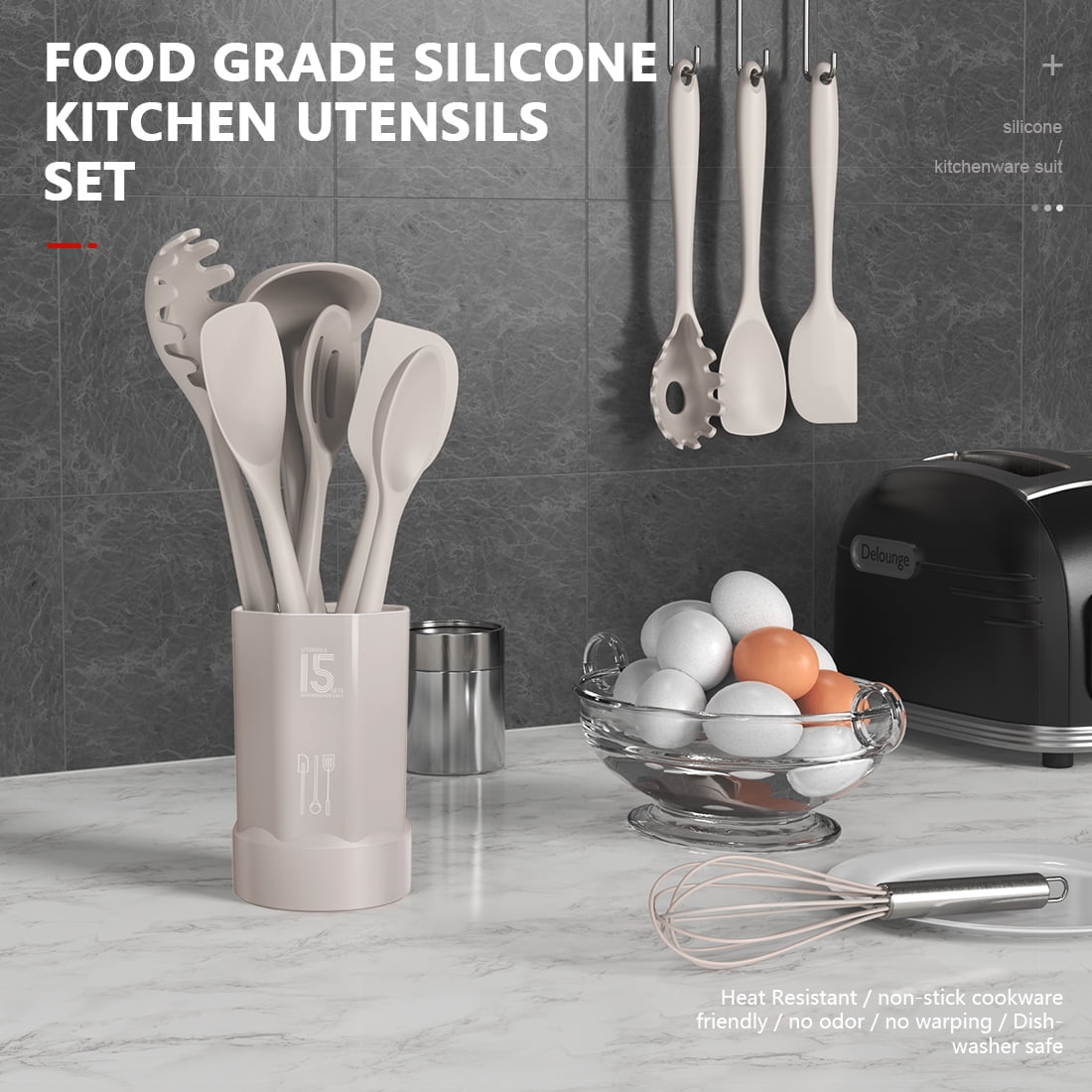 Black Silicone Cooking Utensils Set - 446°F Kitchen Utensils,Turner Tongs,Spatula,Spoon,Brush,Whisk,Kitchen Utensil Gadgets Tools Set for Nonstick Cookware, (BPA Free)