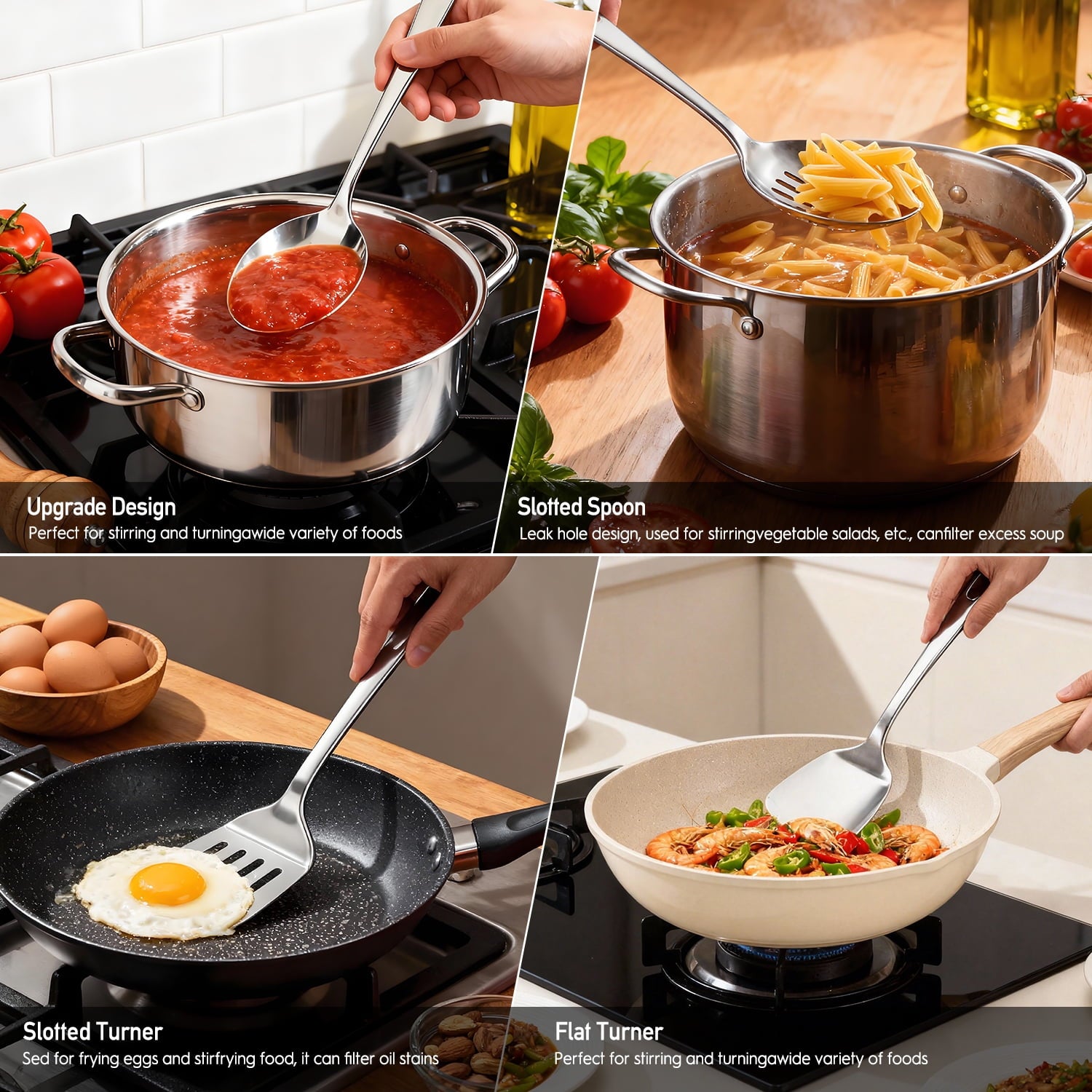 4 Pcs Cooking Utensils Set, Stainless Steel Kitchen Utensils, Kitchen Tools Set Include Solid &amp; Slotted Turner Wok Spatula, Serving Spoon, Home Essentials Kitchen Gadgets Accessories