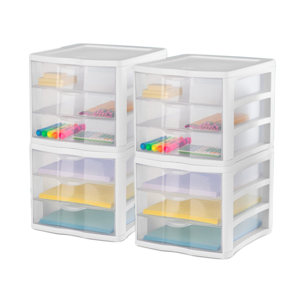 3 Drawer Unit, Clear Plastic Countertop or Desktop Storage Drawers, White