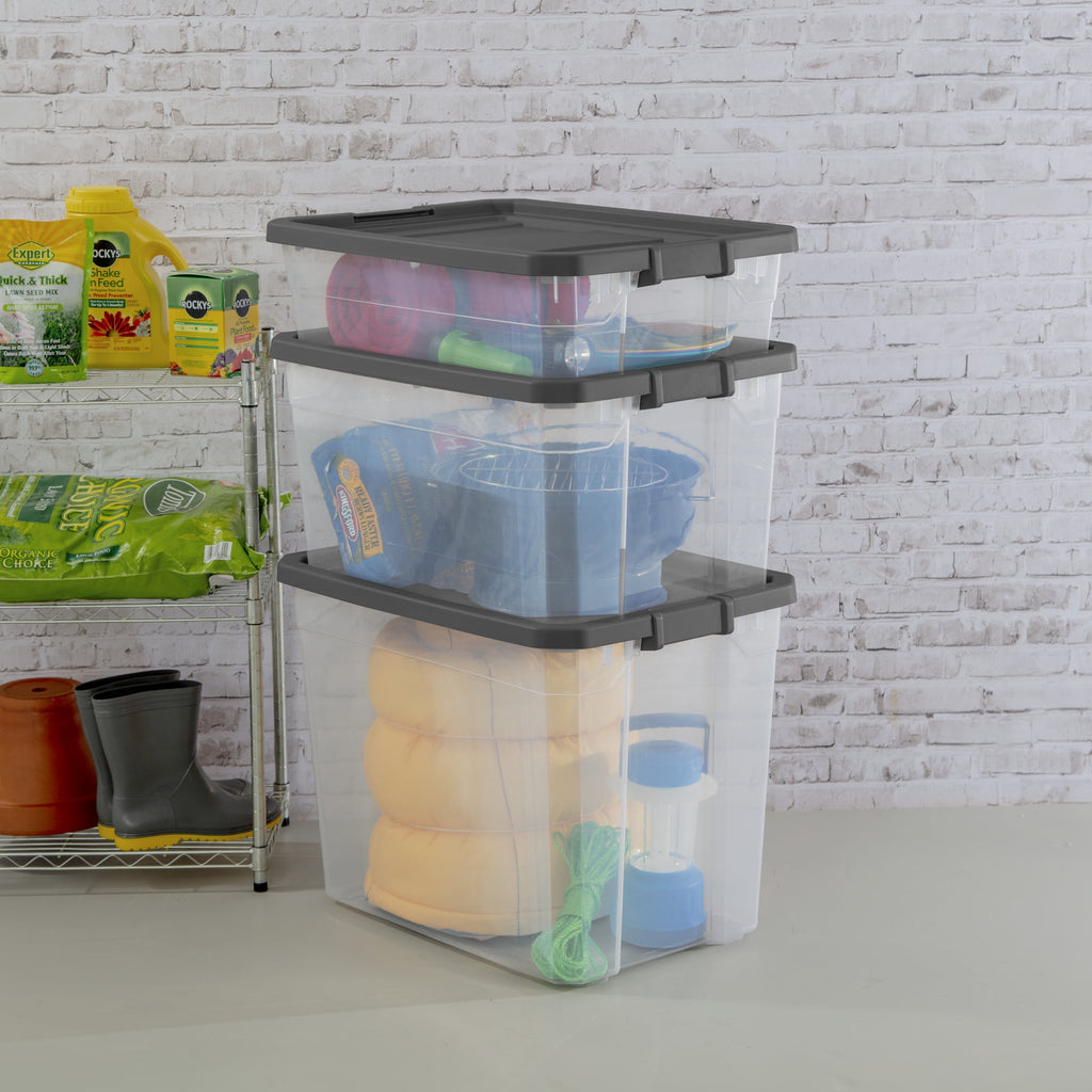 40 Quart Medium Storage Bin, Clear Plastic Underbed Storage Container with Latch Lid, Dark Gray