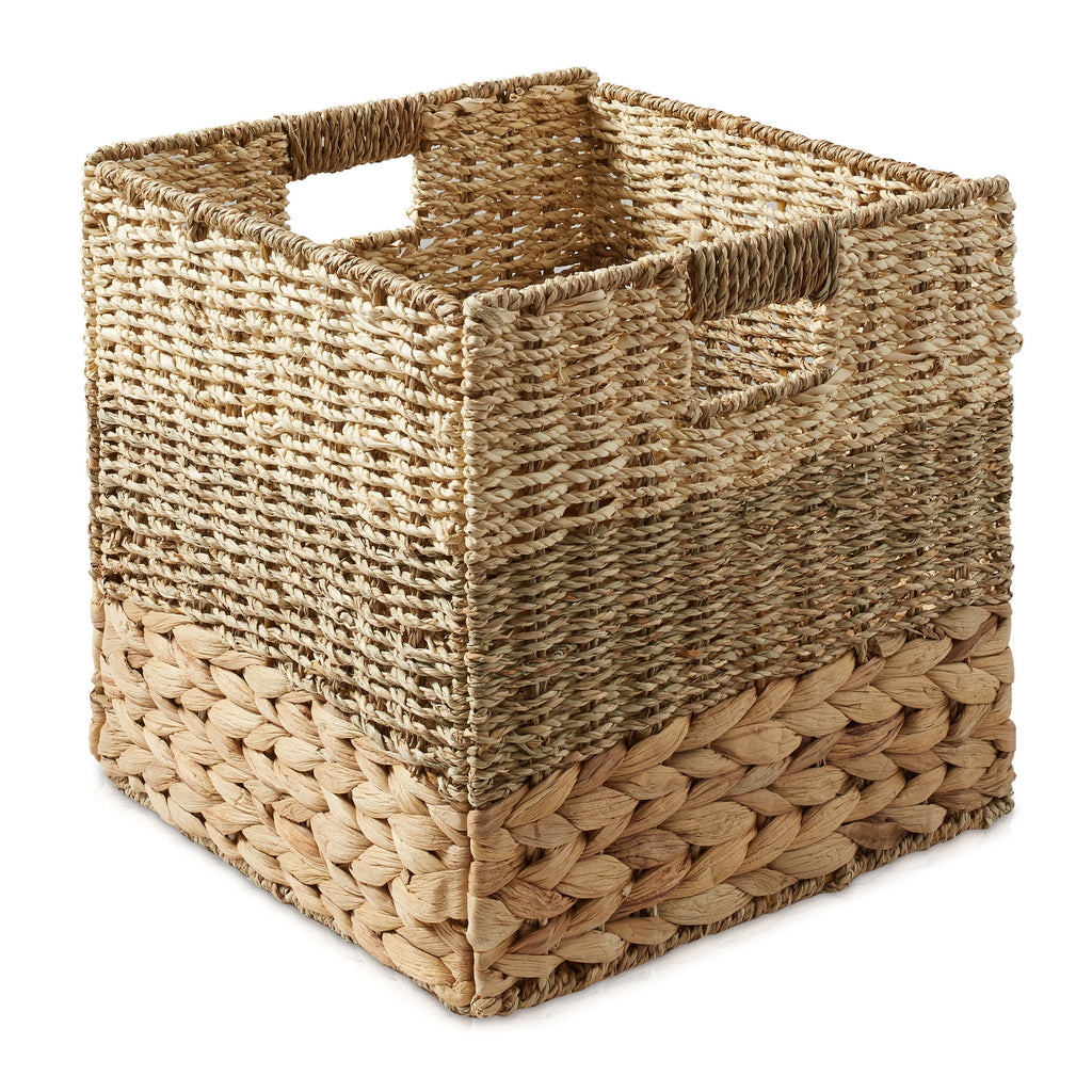 10.5" x 10.5" Water Hyacinth Storage Baskets, Natural - Set of 2 Collapsible Cube Organizers, Woven Bins for Bathroom, Bedroom, Laundry, Pantry, Shelves