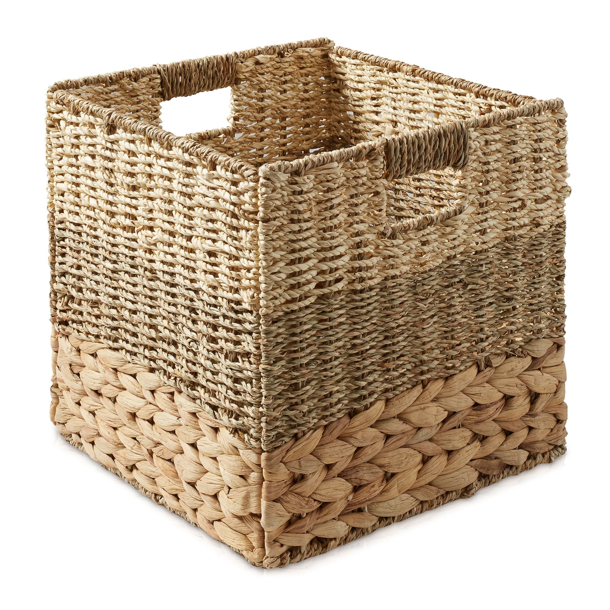 10.5" x 10.5" Water Hyacinth Storage Baskets, Natural - Set of 2 Collapsible Cube Organizers, Woven Bins for Bathroom, Bedroom, Laundry, Pantry, Shelves