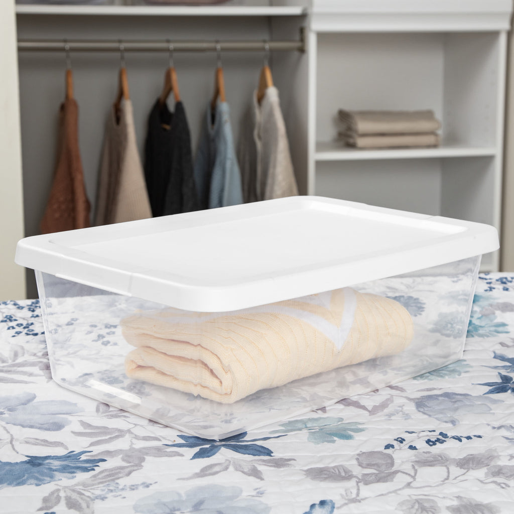 Set of (4) 12 Quart Storage Bins, Clear Plastic Storage Bin with Snap-on Lid, White