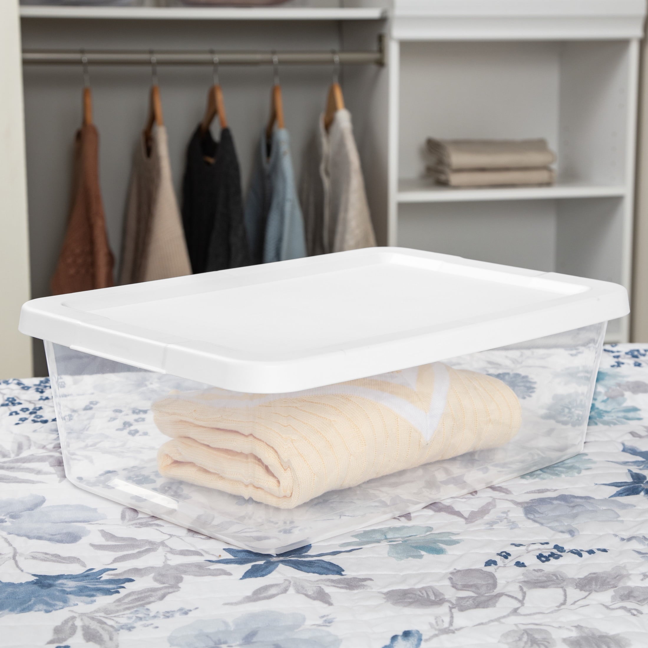 Set of (4) 12 Quart Storage Bins, Clear Plastic Storage Bin with Snap-on Lid, White