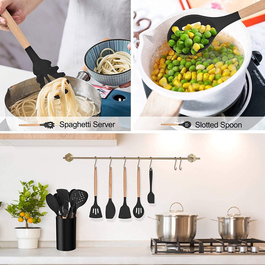 38 Pcs Silicone Cooking Utensils Kitchen Utensil Set - 446°F ,Turner Tongs,Spatula,Spoon,Brush,Whisk. Wooden Handles Kitchen Gadgets Tools Set for Non-Stick Cookware (BPA Free).