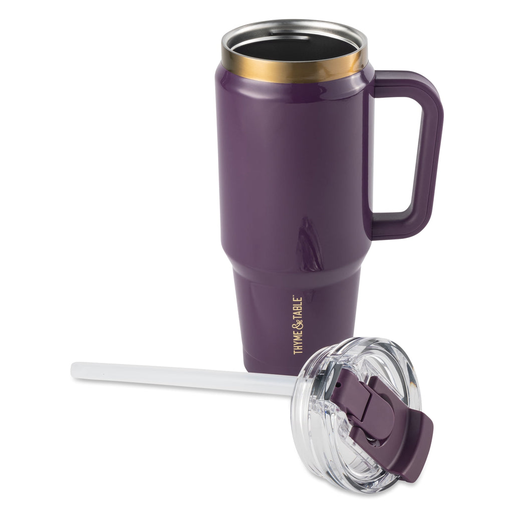 Thyme &amp; Table 32 fl oz Stainless Steel Luna Tumbler with Handle and Dual Straw Lid, Cream &amp; Black Check