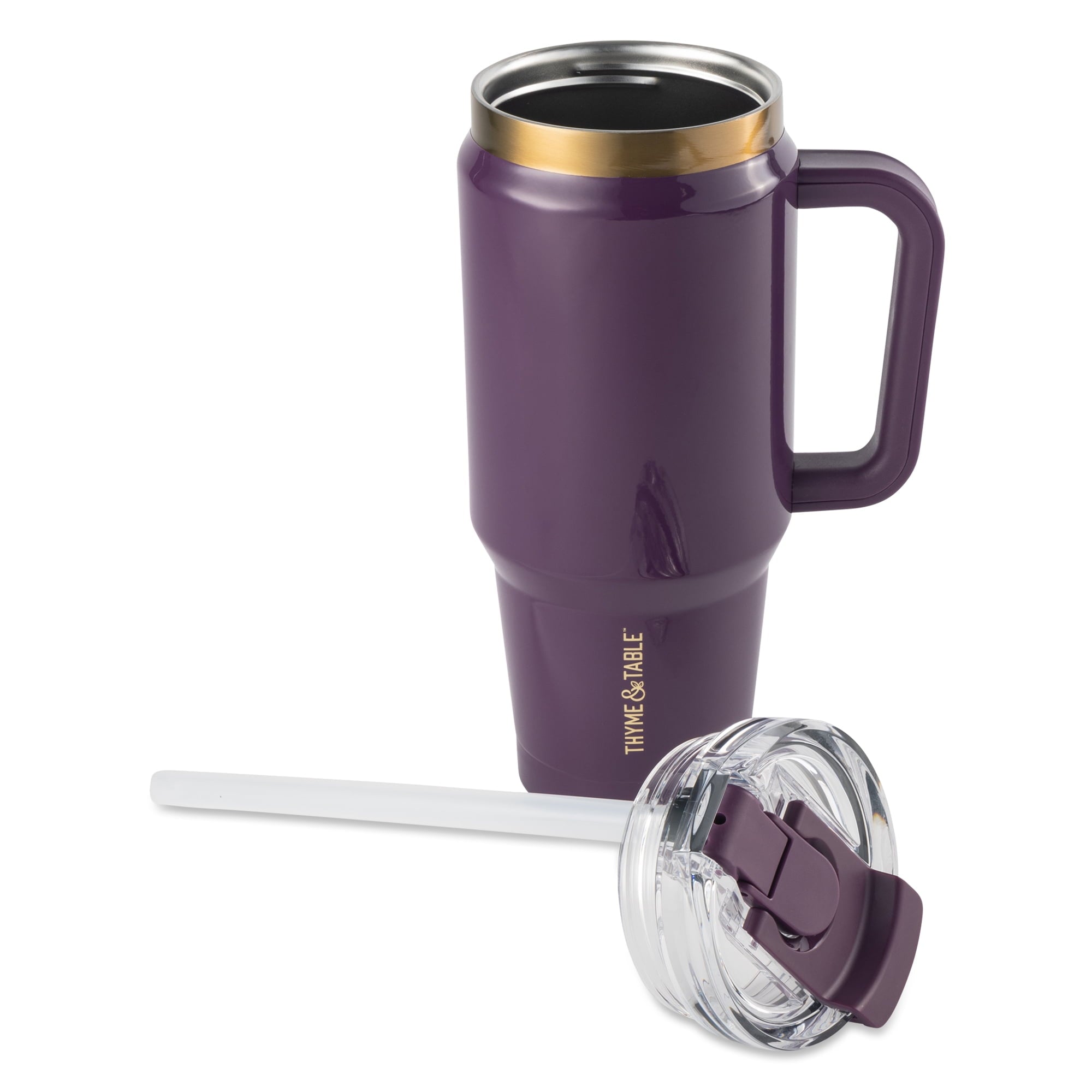 Thyme &amp; Table 32 fl oz Stainless Steel Luna Tumbler with Handle and Dual Straw Lid, Cream &amp; Black Check