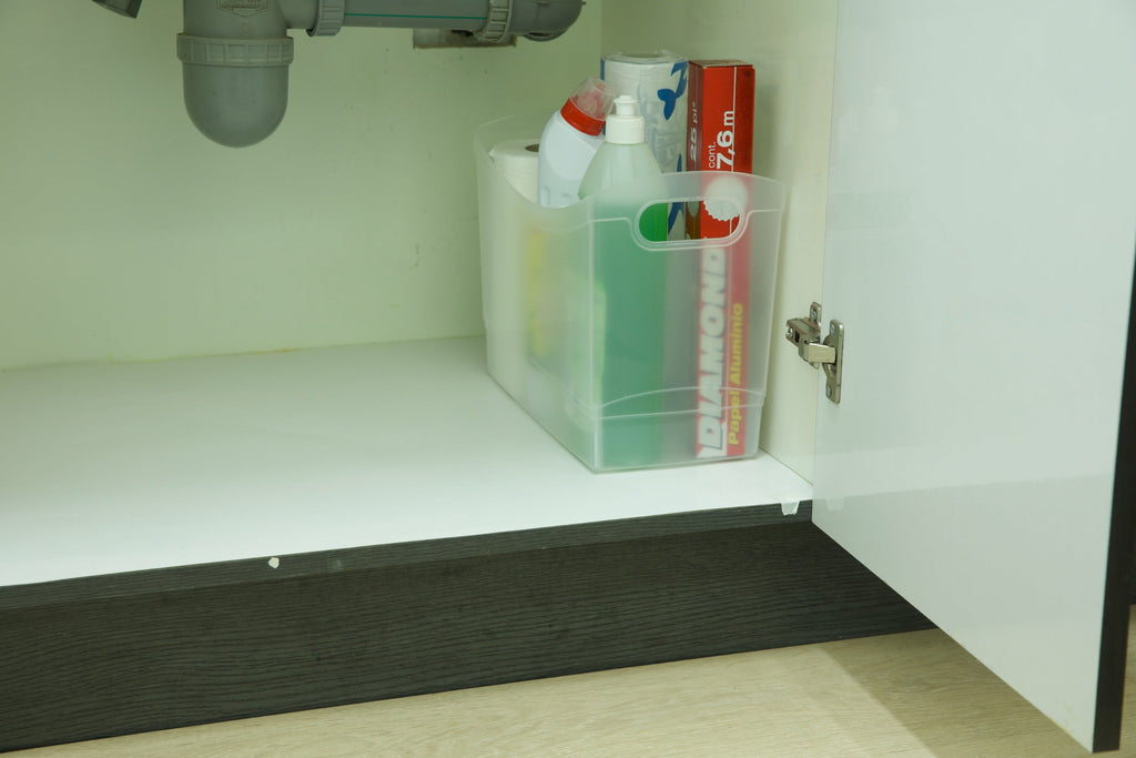 12 Qt Clear Plastic Storage Bin Organizer with Carrying Handles, Narrow Rectangular Utility Container for Pantry, Closet, Cabinet and Shelf Storage