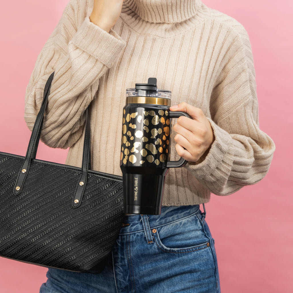 Thyme &amp; Table 32 fl oz Stainless Steel Luna Tumbler with Handle and Dual Straw Lid, Cream &amp; Black Check