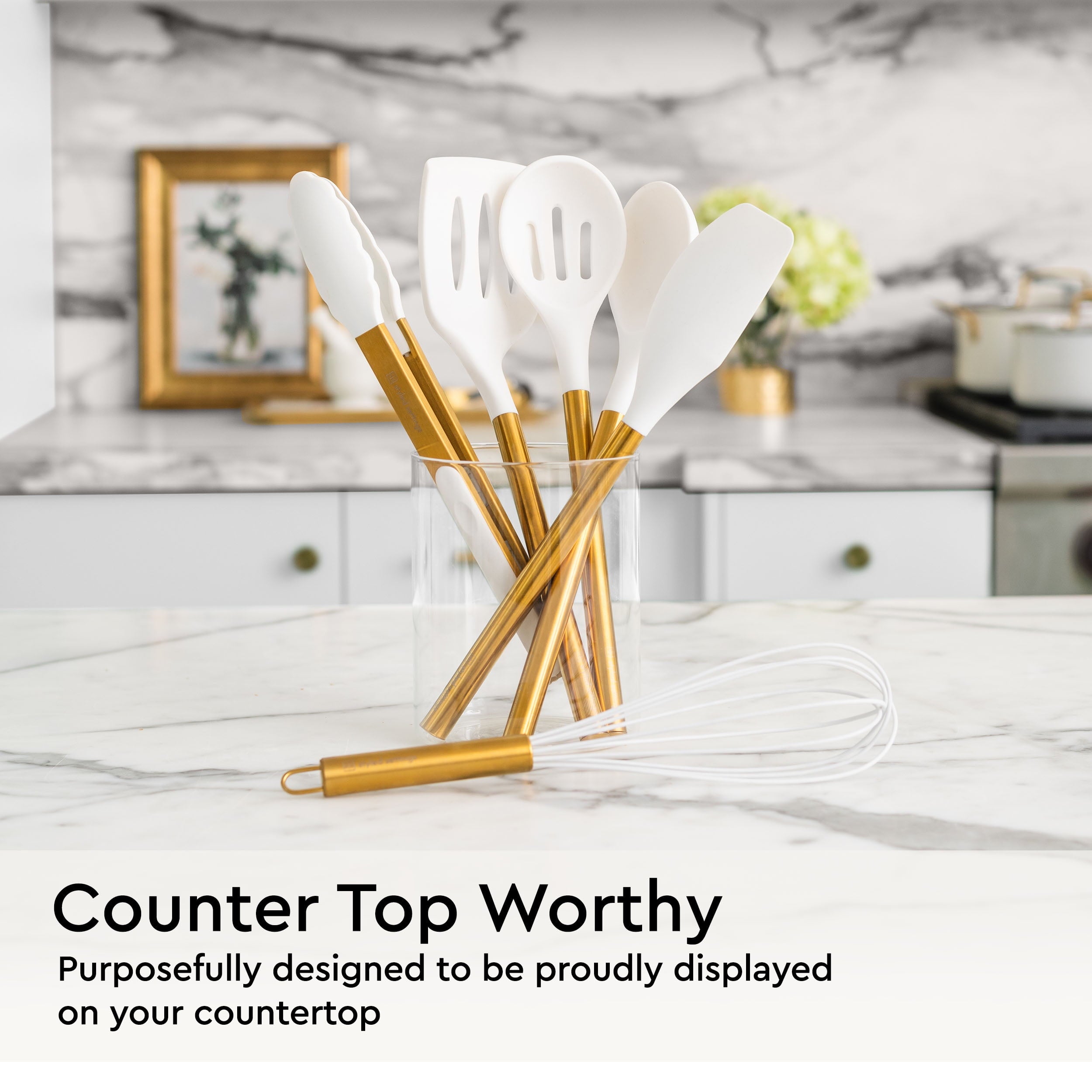 White Silicone and Gold Cooking Utensils Set