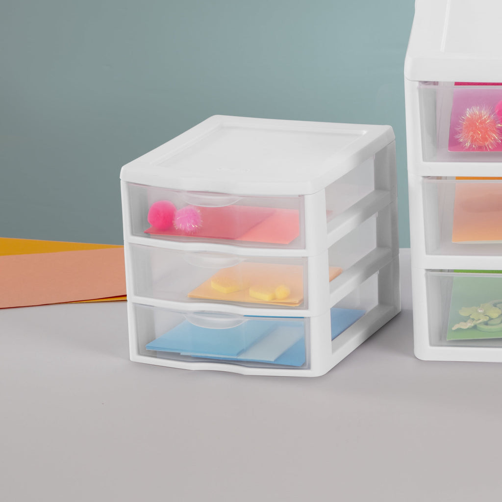 , 3 Drawer Clear Storage Bin, Desktop Drawer Storage Container, White