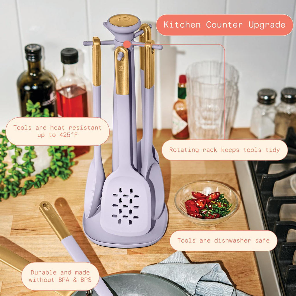 6-Piece Silicone Kitchen Utensil Tool Set with Rotating Rack by Drew Barrymore, Porcini Taupe