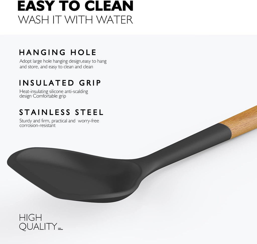 Large Silicone Cooking Utensils - Kitchen Utensil Set with Wooden Handles, Spatula,Turner, Slotted Spoon, Pasta server, Kitchen Gadgets Tools Sets for Non-Stick Cookware (Khaki)