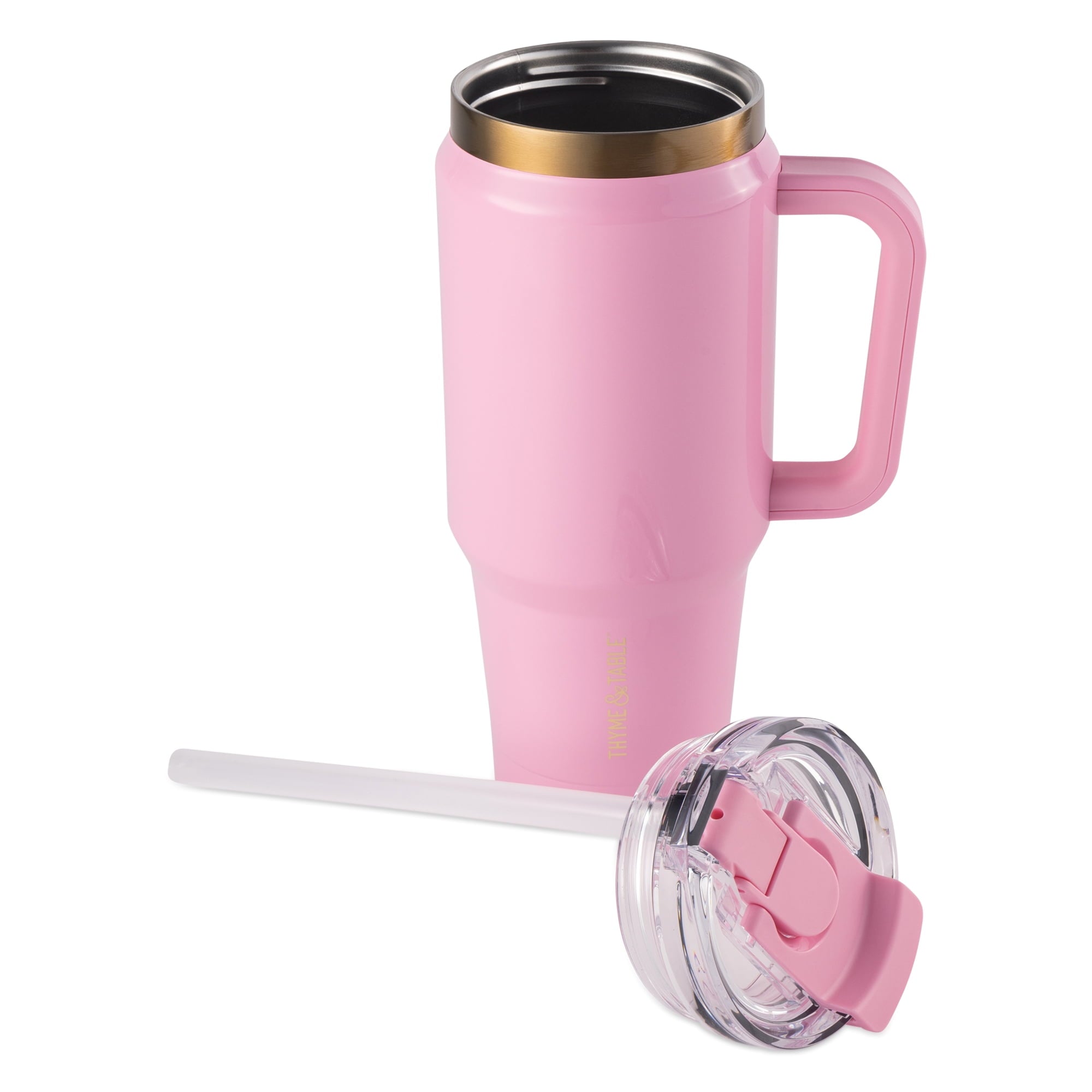 Thyme &amp; Table 32 fl oz Stainless Steel Luna Tumbler with Handle and Dual Straw Lid, Cream &amp; Black Check