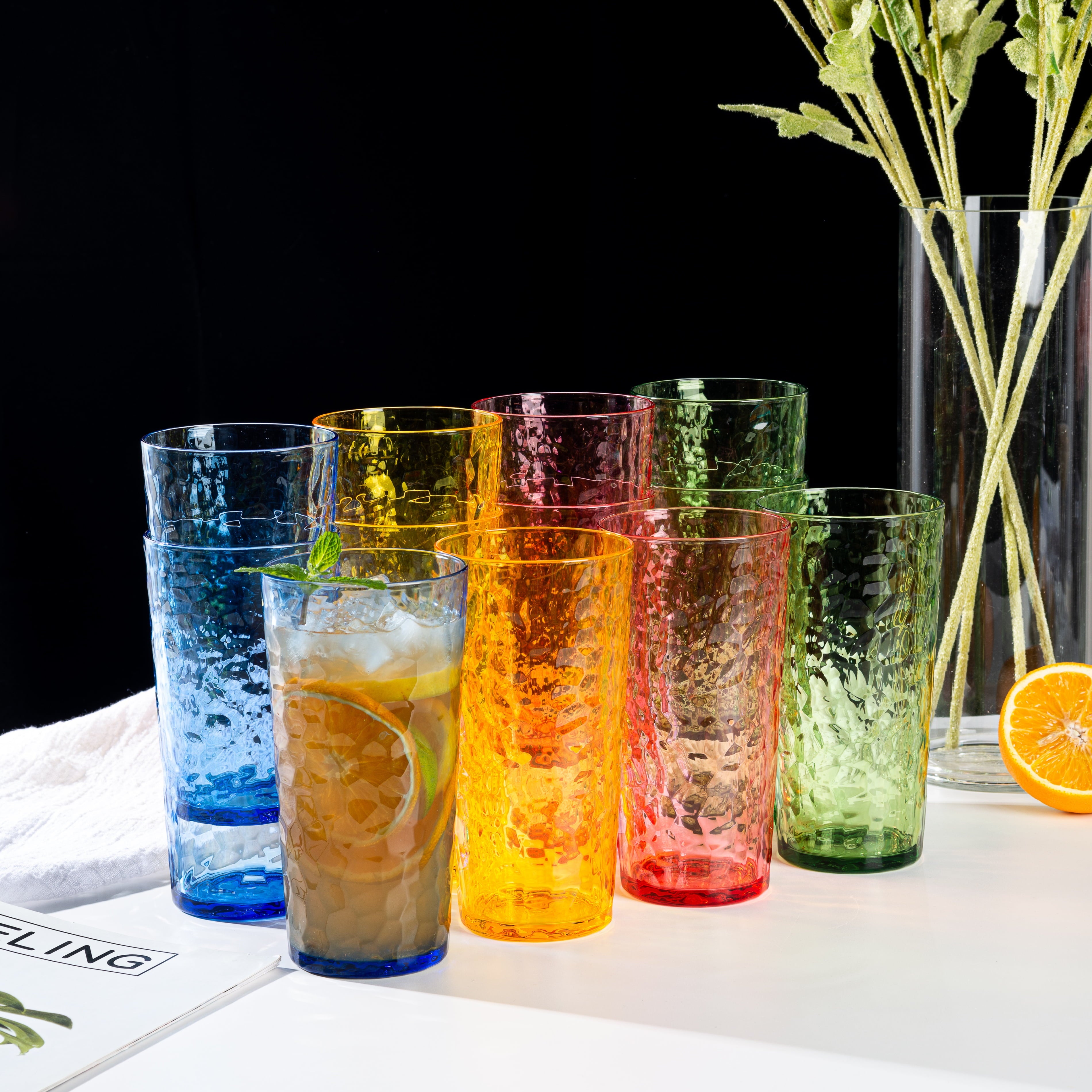 Hammered 24 ounce Plastic Drinking Tumbler Acrylic Glasses, Set of 8 Multicolor