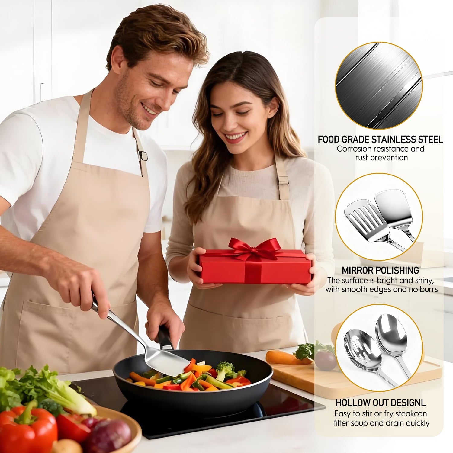 4 Pcs Cooking Utensils Set, Stainless Steel Kitchen Utensils, Kitchen Tools Set Include Solid &amp; Slotted Turner Wok Spatula, Serving Spoon, Home Essentials Kitchen Gadgets Accessories