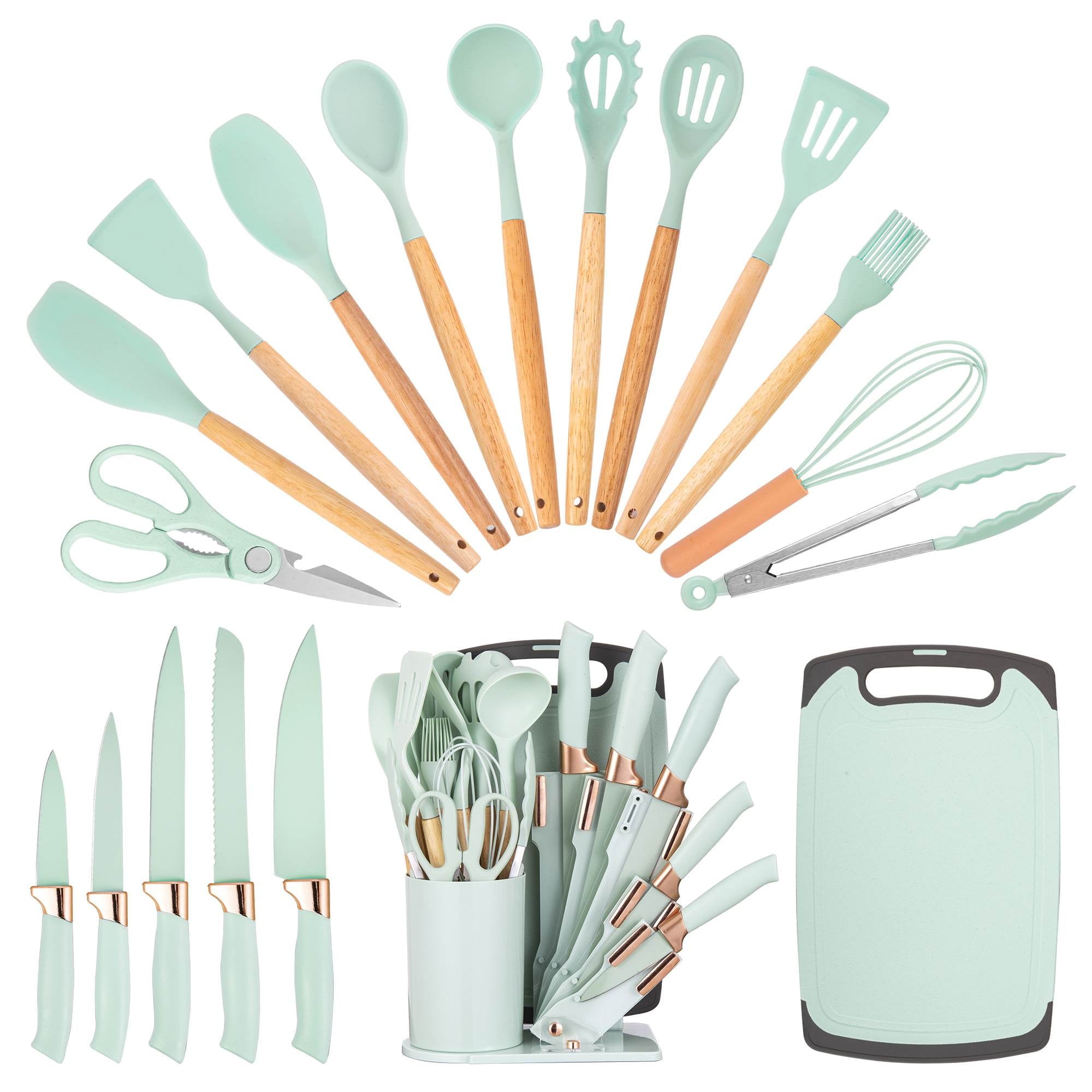 19-Piece Silicone Kitchen Utensil &amp; Knife Set - Heat-Resistant Cooking Tools Non-Stick Safe Gift for Mom or Women Black