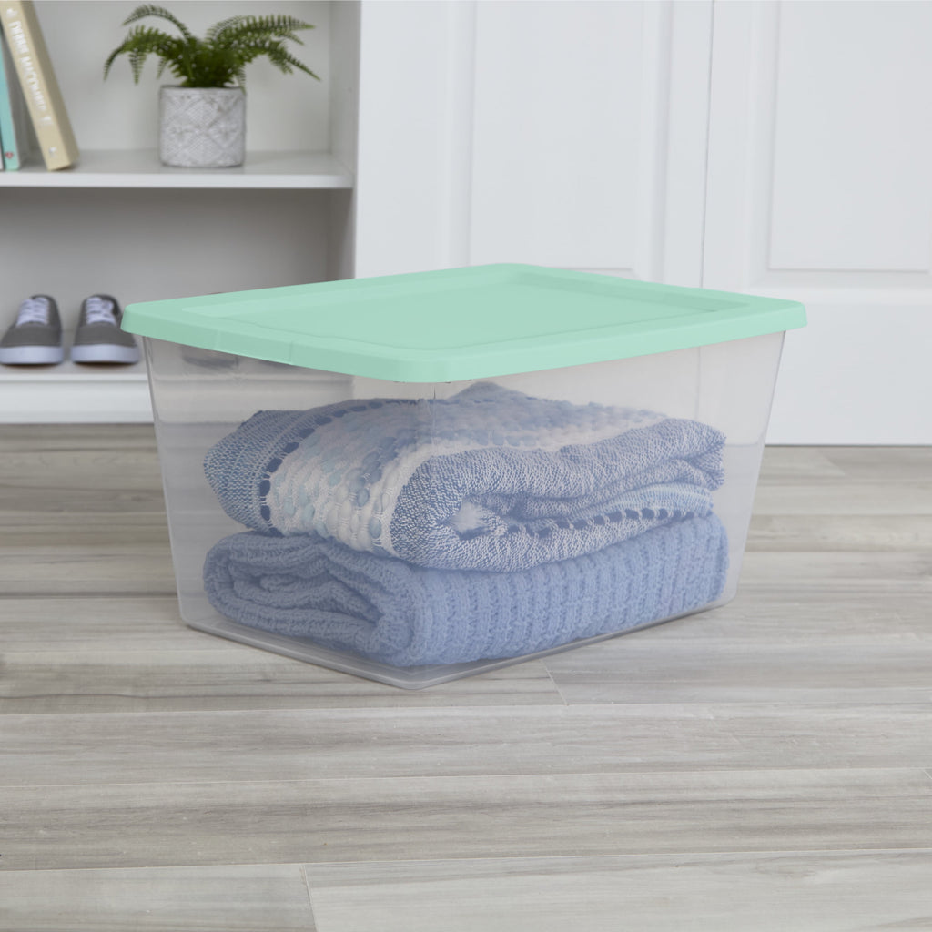 58 Quart Medium Storage Bin, Clear Plastic Storage Container with Snap-On Lid, White