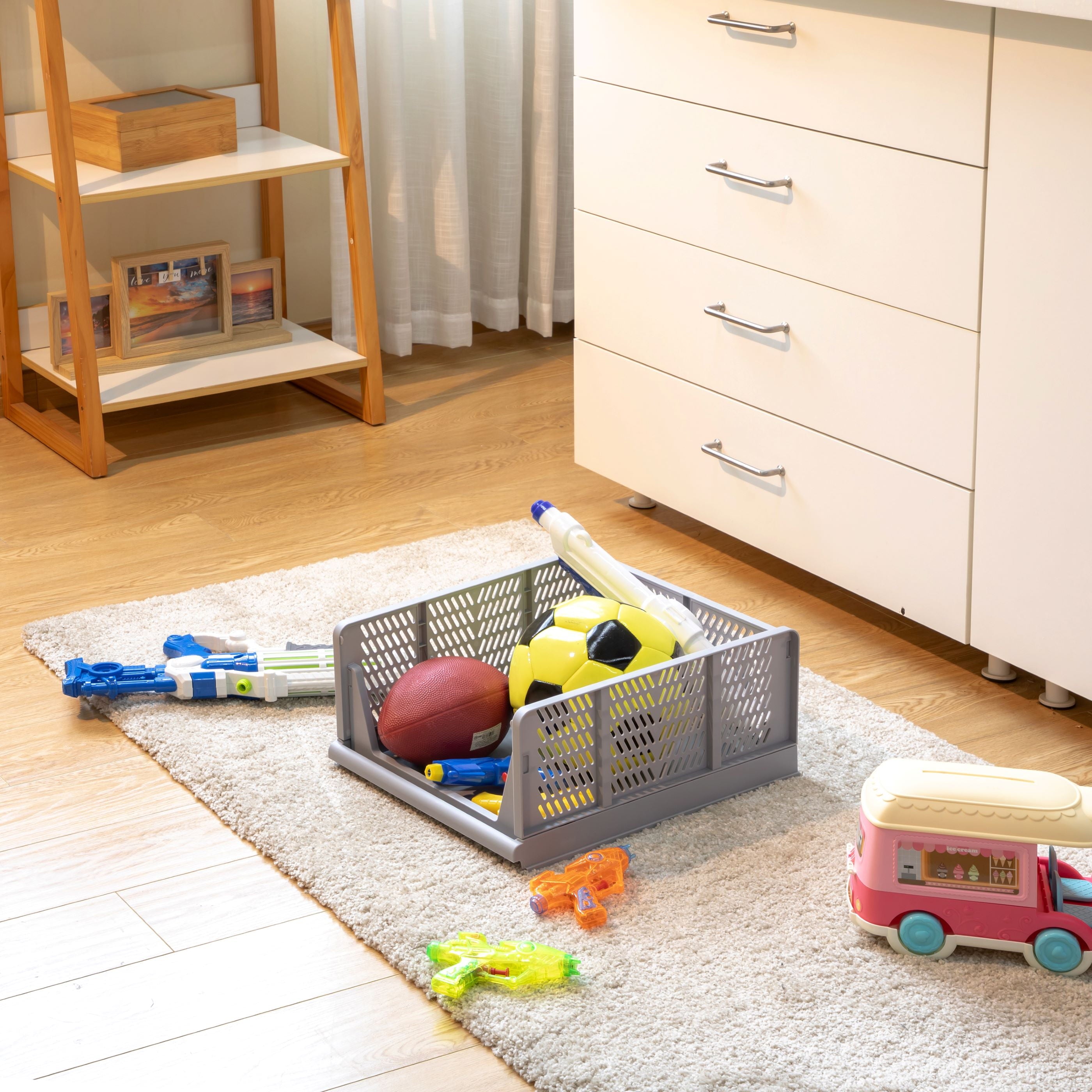 Kids Collapsible Stacking Plastic Storage Bin, Grey, 13 in x 17 in x 1.3 in