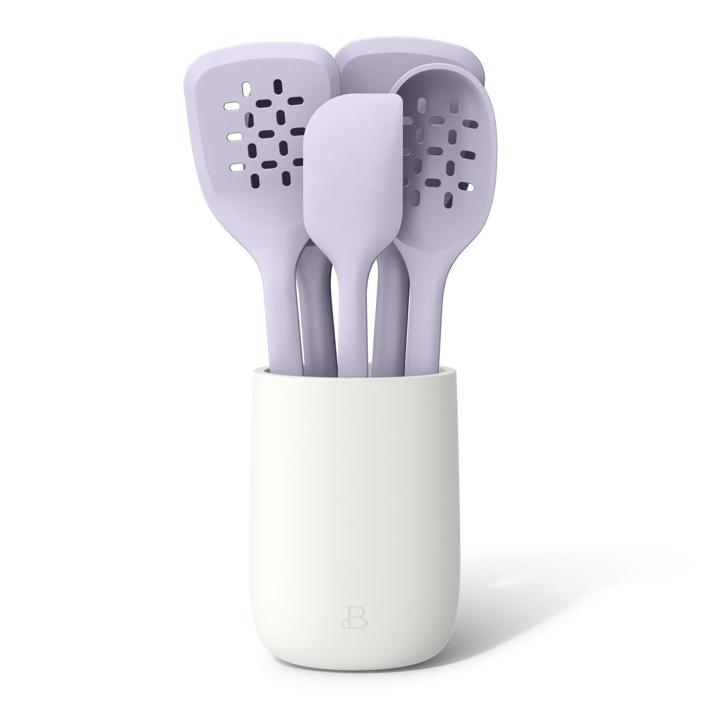 6-Piece Silicone Tool Set with Ceramic Crock, Porcini Taupe by Drew Barrymore