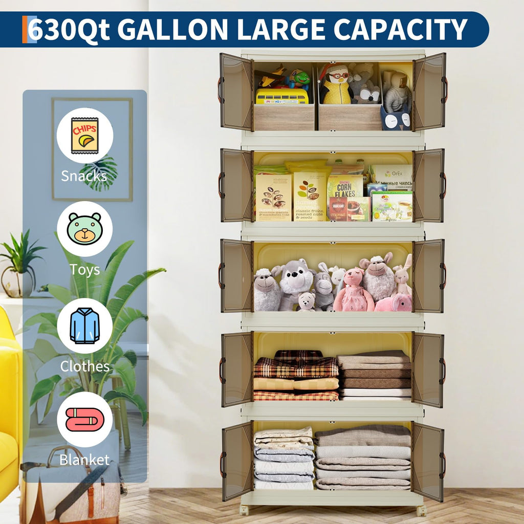 3 Tier Plastic Storage Bins with Lid 48QT, Storage Containers with Wheels, Folding Storage Boxes, with Magnetic Doors for Home,Office, Dorm Room