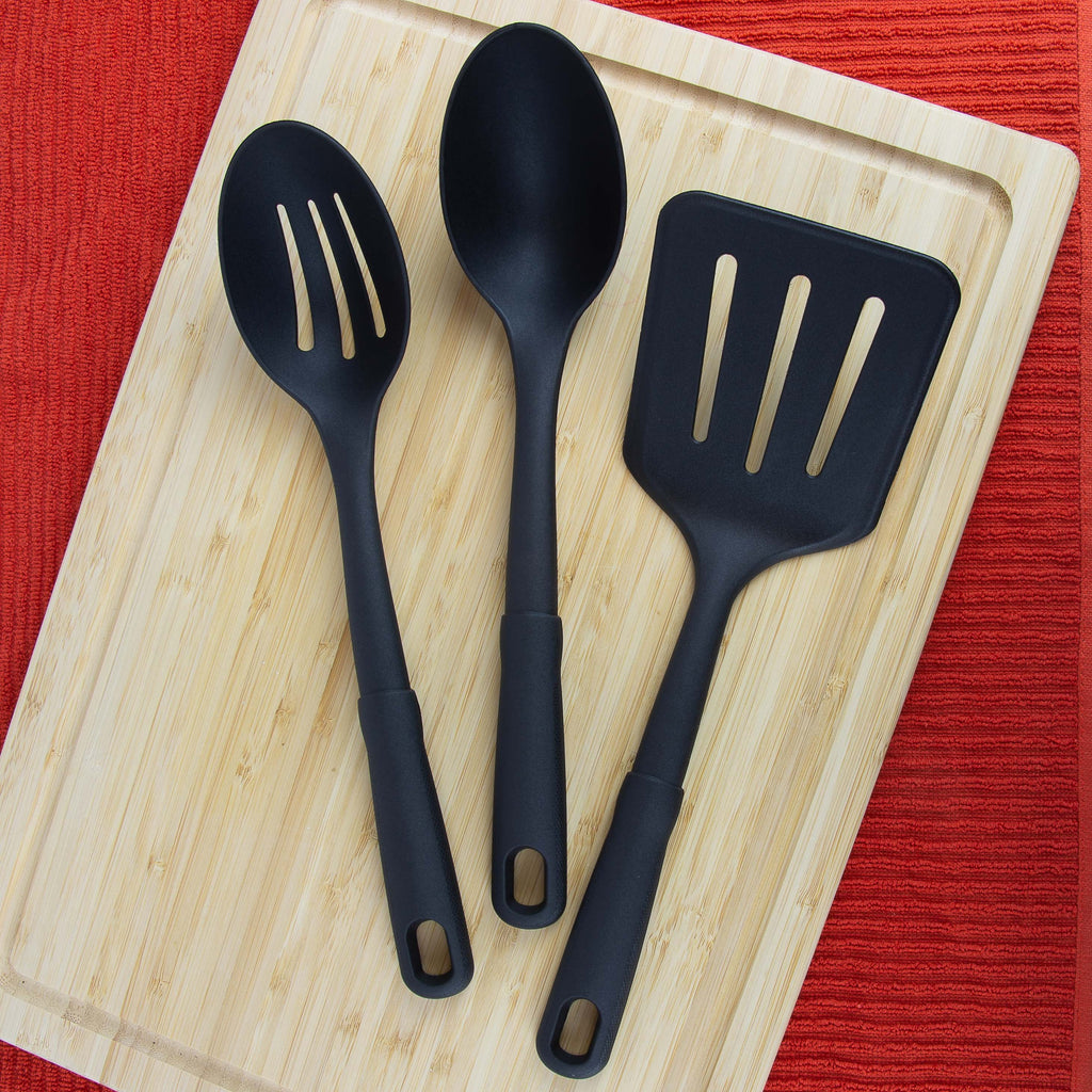(4 pack) 3-Piece Kitchen Utensil Set, Slotted Spatula, Slotted Spoon and Solid Spoon, Black, Nylon