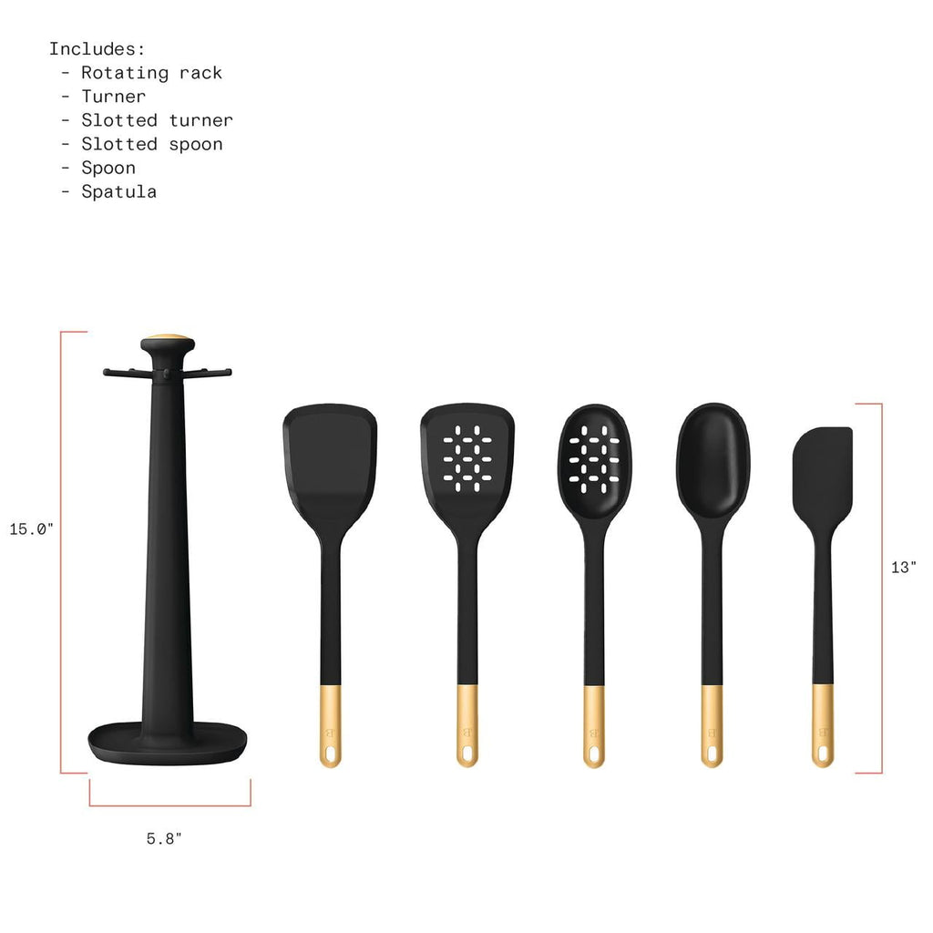 6-Piece Silicone Kitchen Utensil Tool Set with Rotating Rack by Drew Barrymore, Porcini Taupe