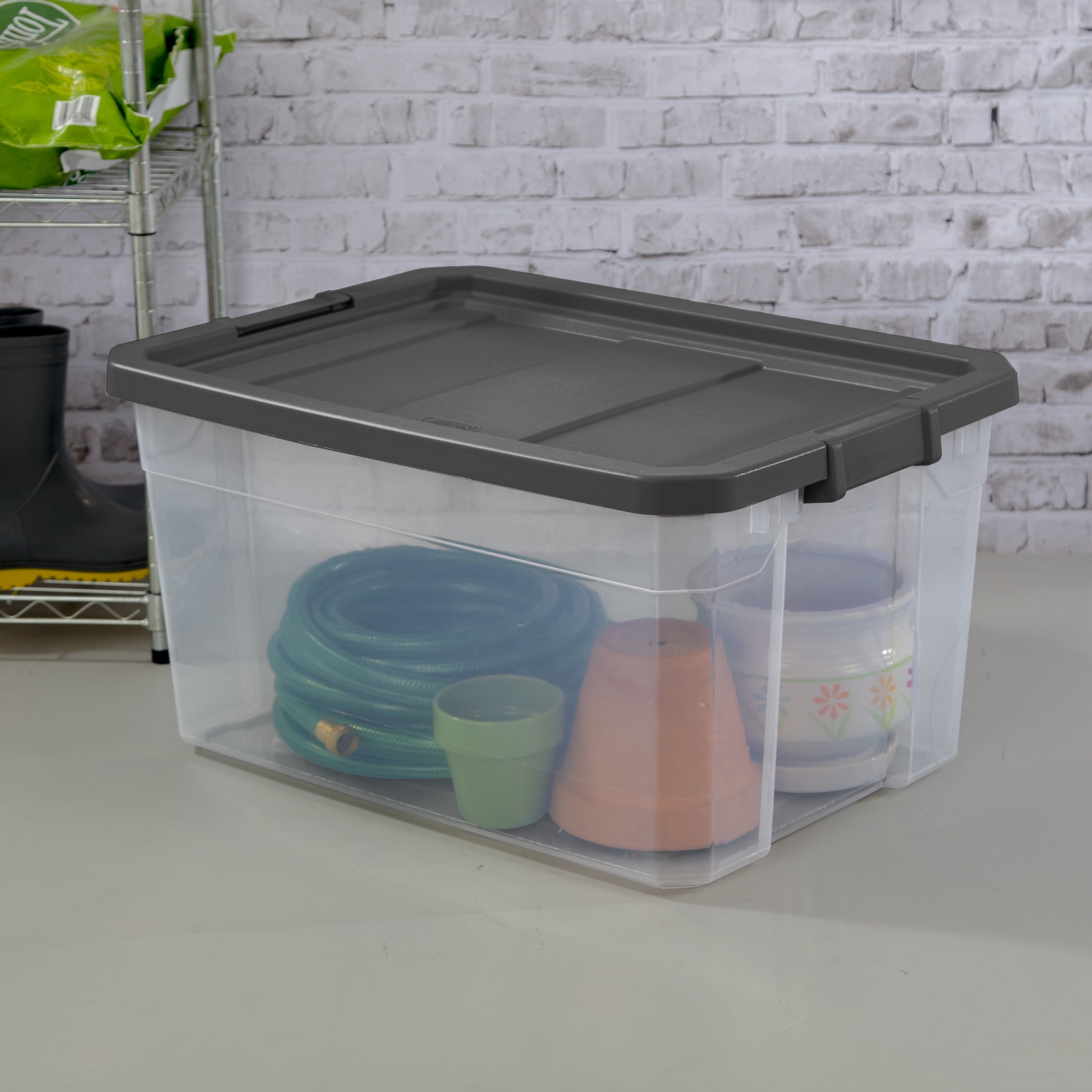 76 Quart Stacker Storage Bin, Clear Plastic Storage Container with Latch Lid, , Dark Gray
