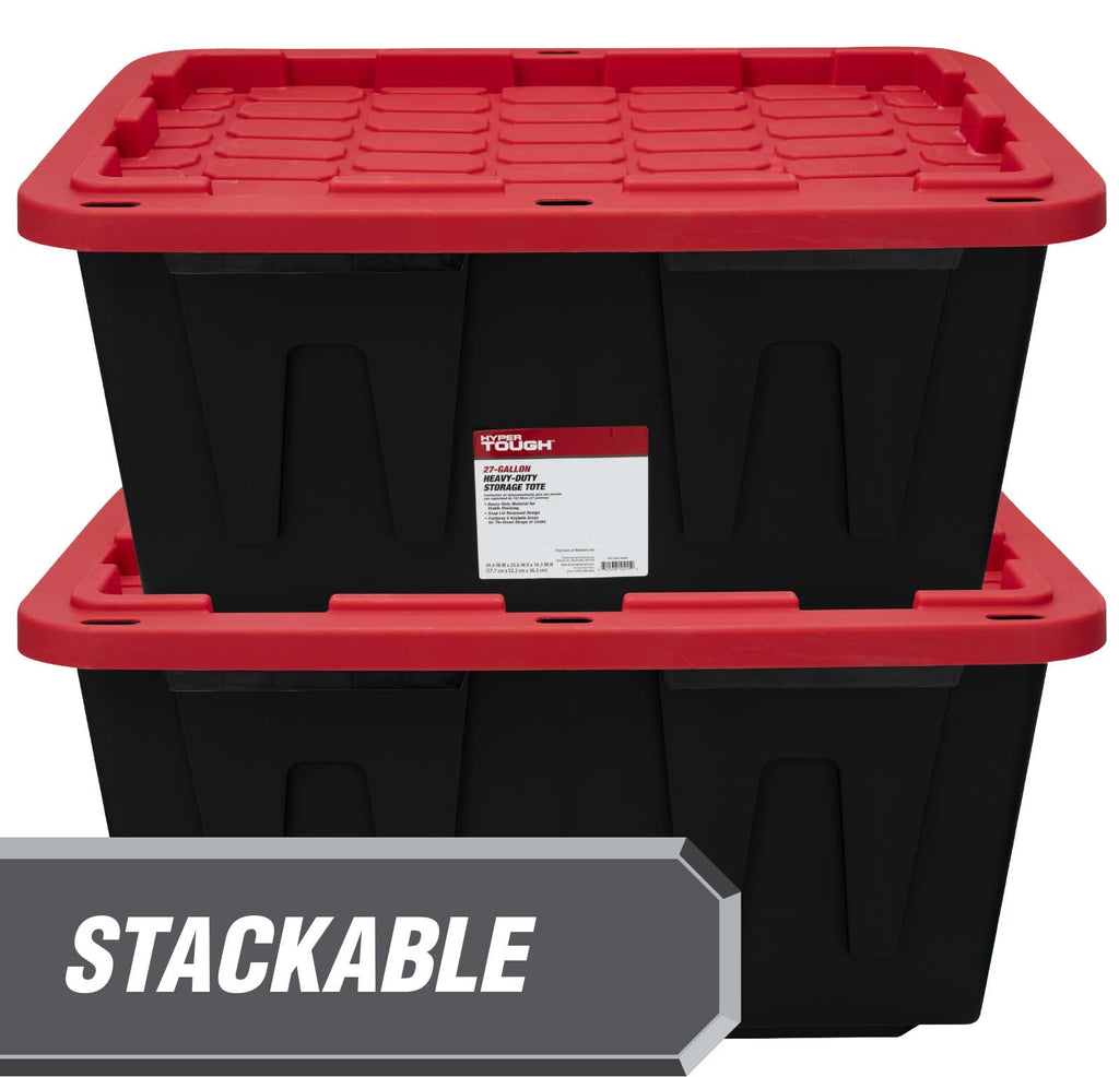 27 Gallon Large Storage Bin with Snap Lid, Black and Red, Heavy Duty Plastic Storage Container