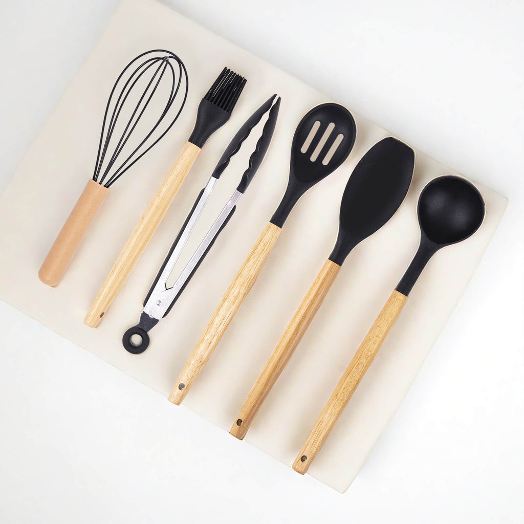 19-Piece Silicone Kitchen Utensil &amp; Knife Set - Heat-Resistant Cooking Tools Non-Stick Safe Gift for Mom or Women Black