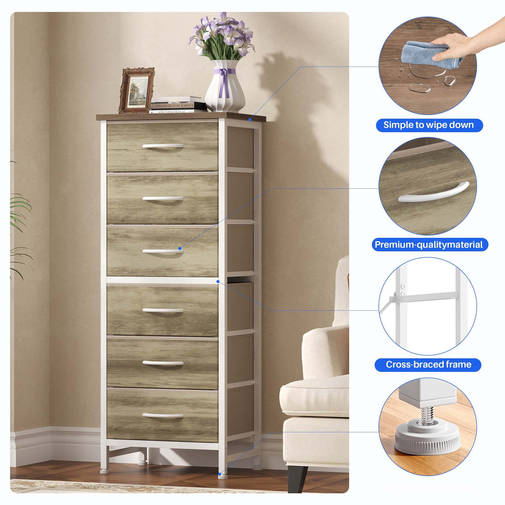 5 Fabric Dresser with 5 Storage Drawers, TV Stand with Wooden Top Metal Frame for Clothes, Living Room, Hallway, Entryway, Rust