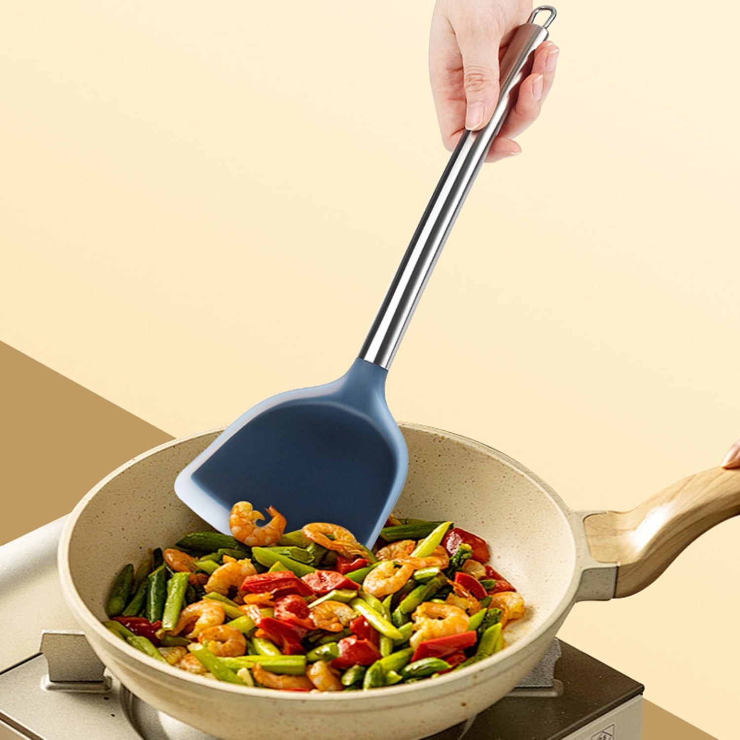 3-piece Silicone Stainless Steel Kitchen Utensil Set, Cooking Tools, Kitchen Gadgets and Essentials, including Wok Spatula, Ladle and Slotted Spoon