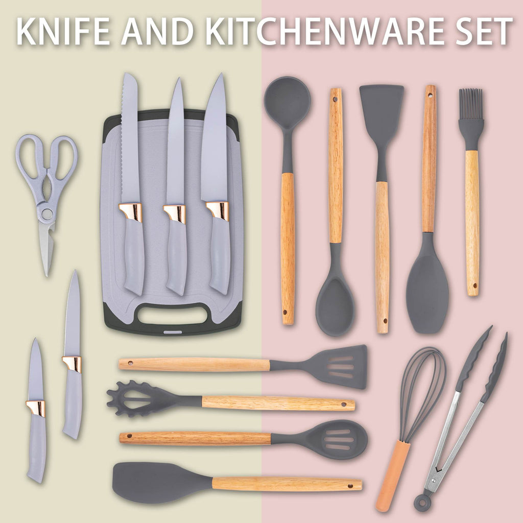 19-Piece Silicone Kitchen Utensil &amp; Knife Set - Heat-Resistant Cooking Tools Non-Stick Safe Gift for Mom or Women Black