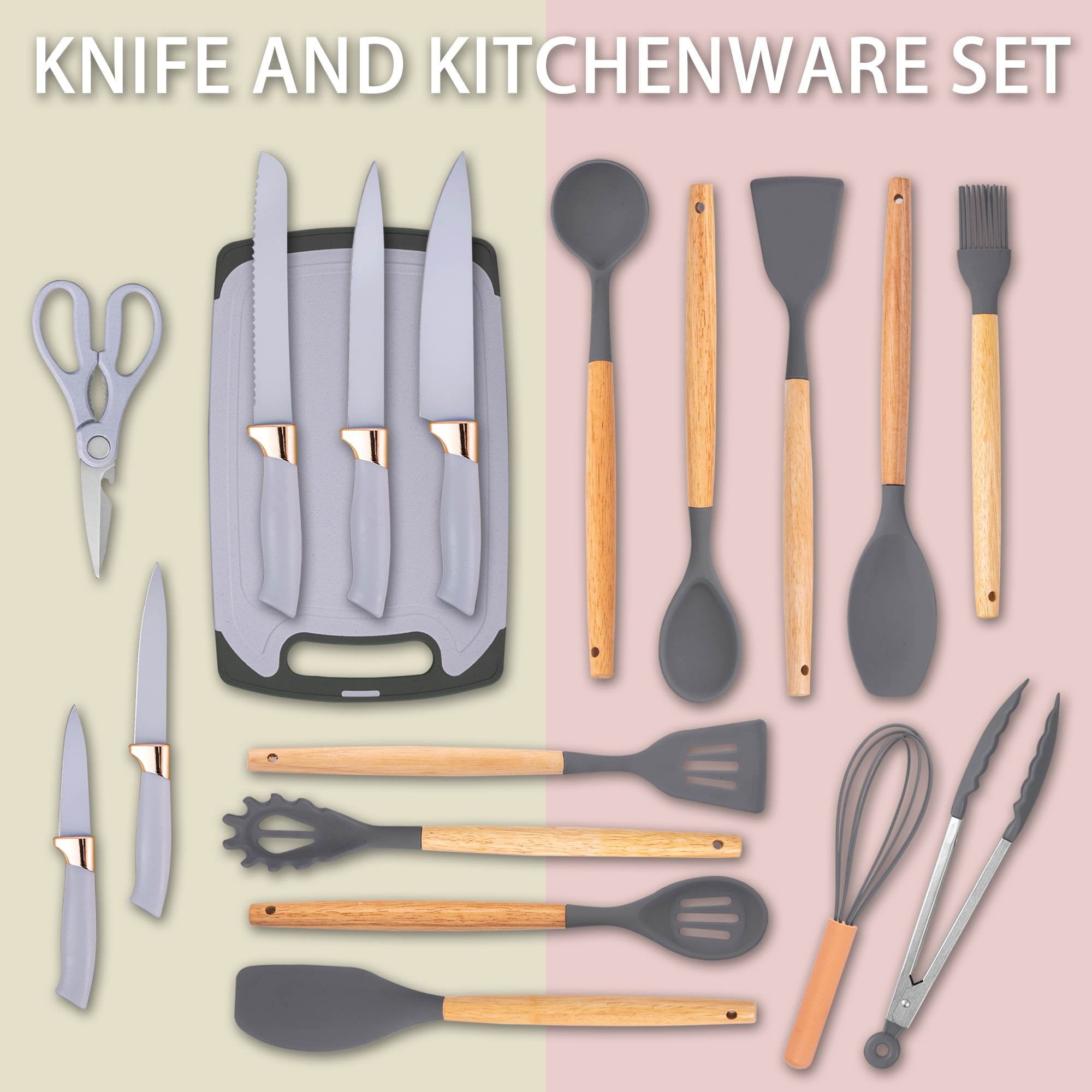 19-Piece Silicone Kitchen Utensil &amp; Knife Set - Heat-Resistant Cooking Tools Non-Stick Safe Gift for Mom or Women Black