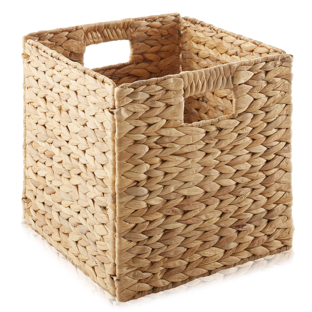 10.5" x 10.5" Water Hyacinth Storage Baskets, Natural - Set of 2 Collapsible Cube Organizers, Woven Bins for Bathroom, Bedroom, Laundry, Pantry, Shelves