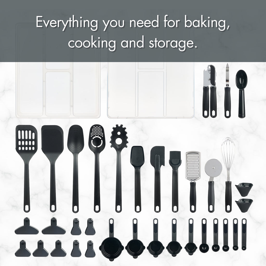 36 Piece Kitchen Gadget Set with Kitchen Cooking Utensils, and Drawer Organizer, Black
