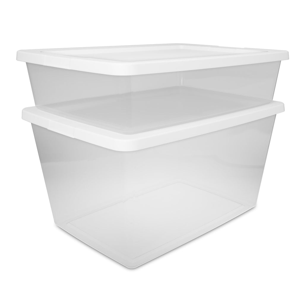 58 Quart Medium Storage Bin, Clear Plastic Storage Container with Snap-On Lid, White