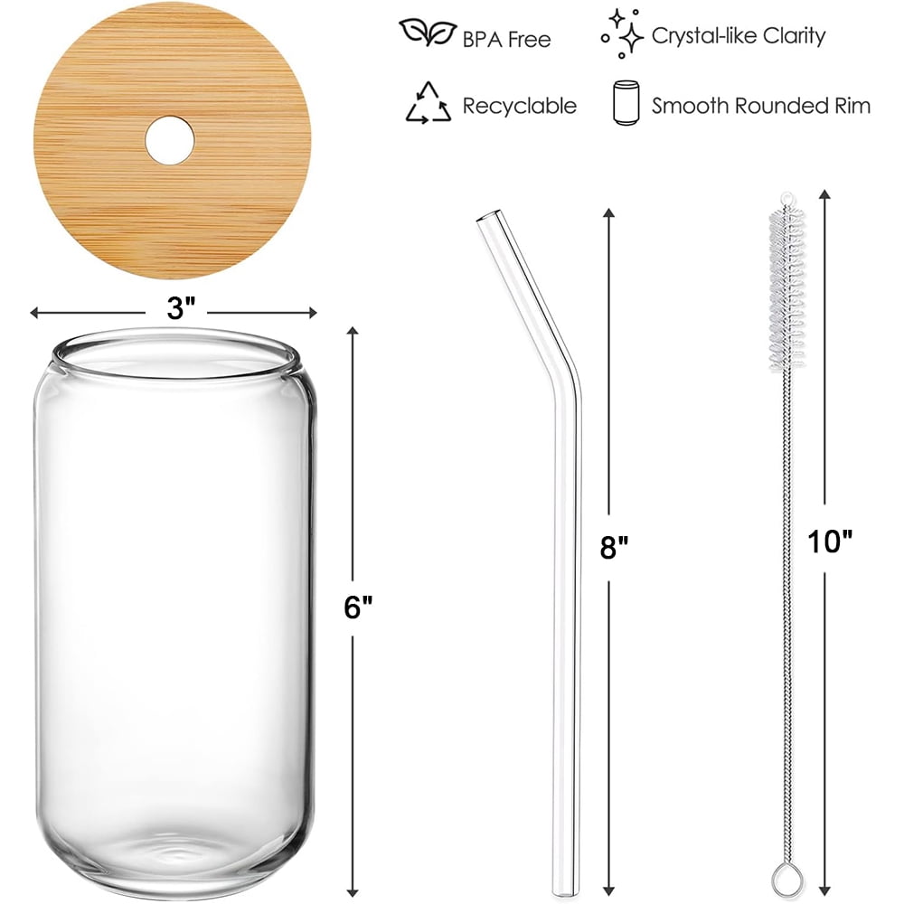 16 oz Glass Cups with Bamboo Lids and Glass Straws, Drinking Glasses Set of 4, Beer Can Shaped Glasses with 2 Cleaning Brushes